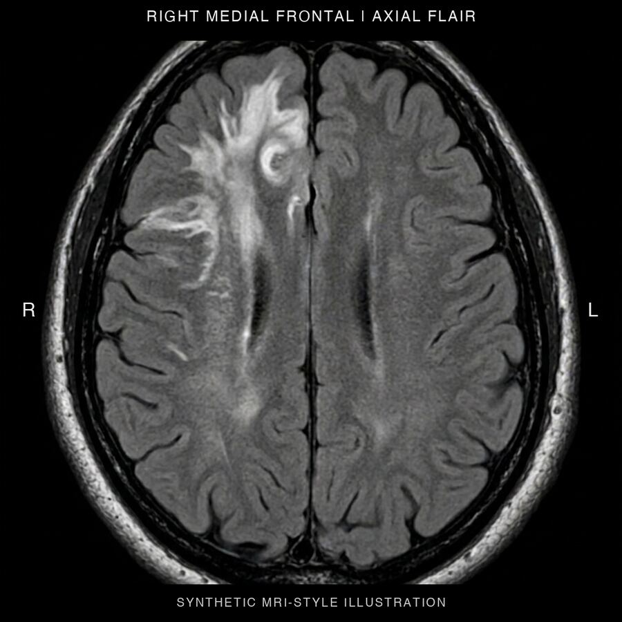 Synthetic MRI-style plate for the fictional right medial frontal Case Conference vignette.